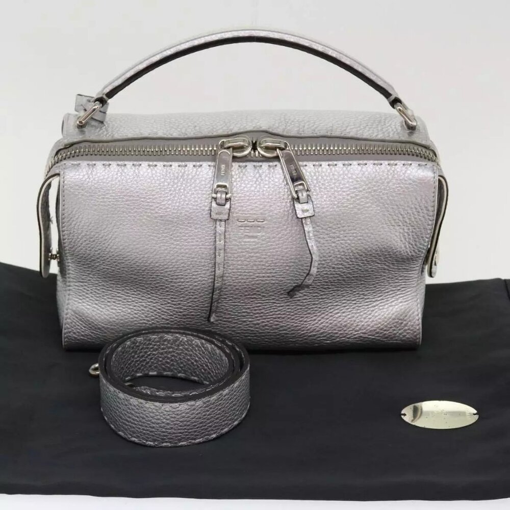 FENDI Hand Bag Leather 2way Silver Auth 38070